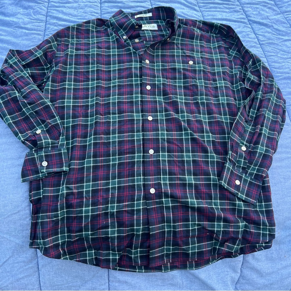 Orvis Navy/Red/Green Plaid Flannel Button Up Cotton Shirt Size XL